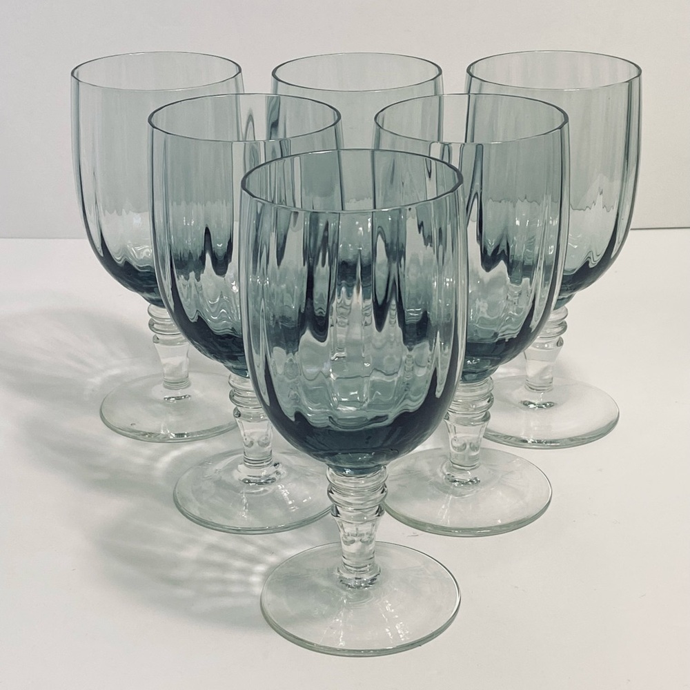 Denby SUMMER SMOKE Ribbed Wine Water Goblets Glasses Grey/Blue Set Of 6 Poland